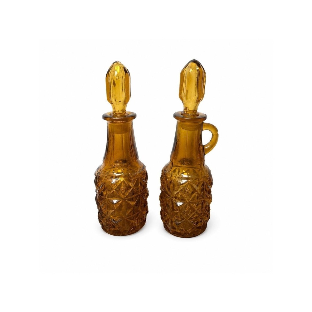 Vintage Amber Glass Oil & Vinegar Cruet Set Diamond Point w/ Stoppers 5" Pair